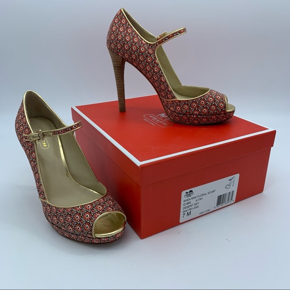 Coach Red and Gold Patterned Heels - Picture 2 of 16